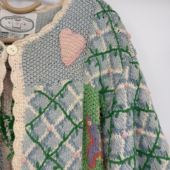 Vintage Crochet Storytelling Spring Bunny Chicks Cardigan Size L Eagle Eye 1995 - Picture 15 of 16